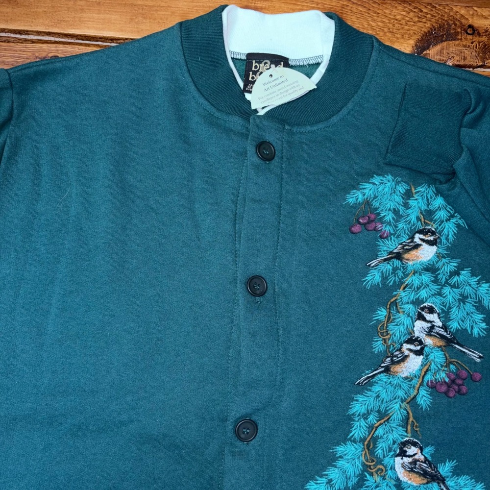 Vtg Bread & Butter Cardigan Sweatshirt Women Large Green Bird Winter Graphic NEW